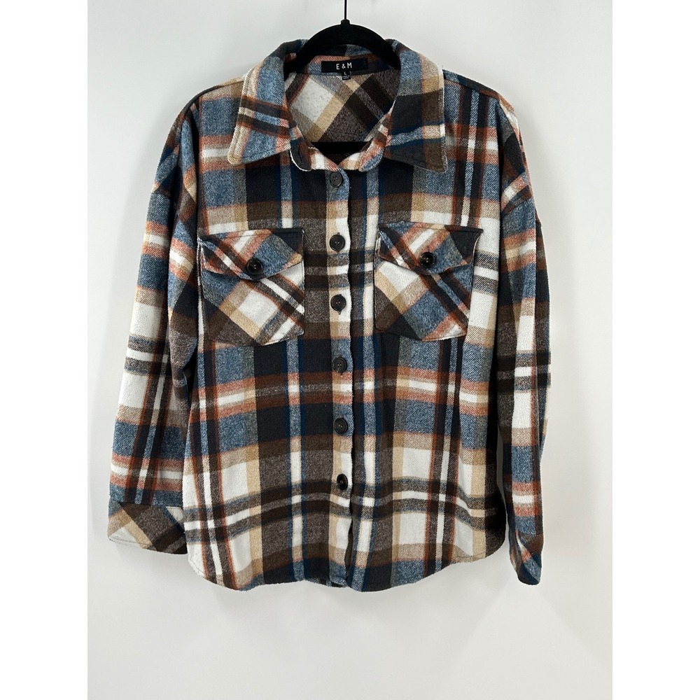 E&M Plaid Shacket Womens Large Brown Blue Flannel Button Front Shirt Jacket